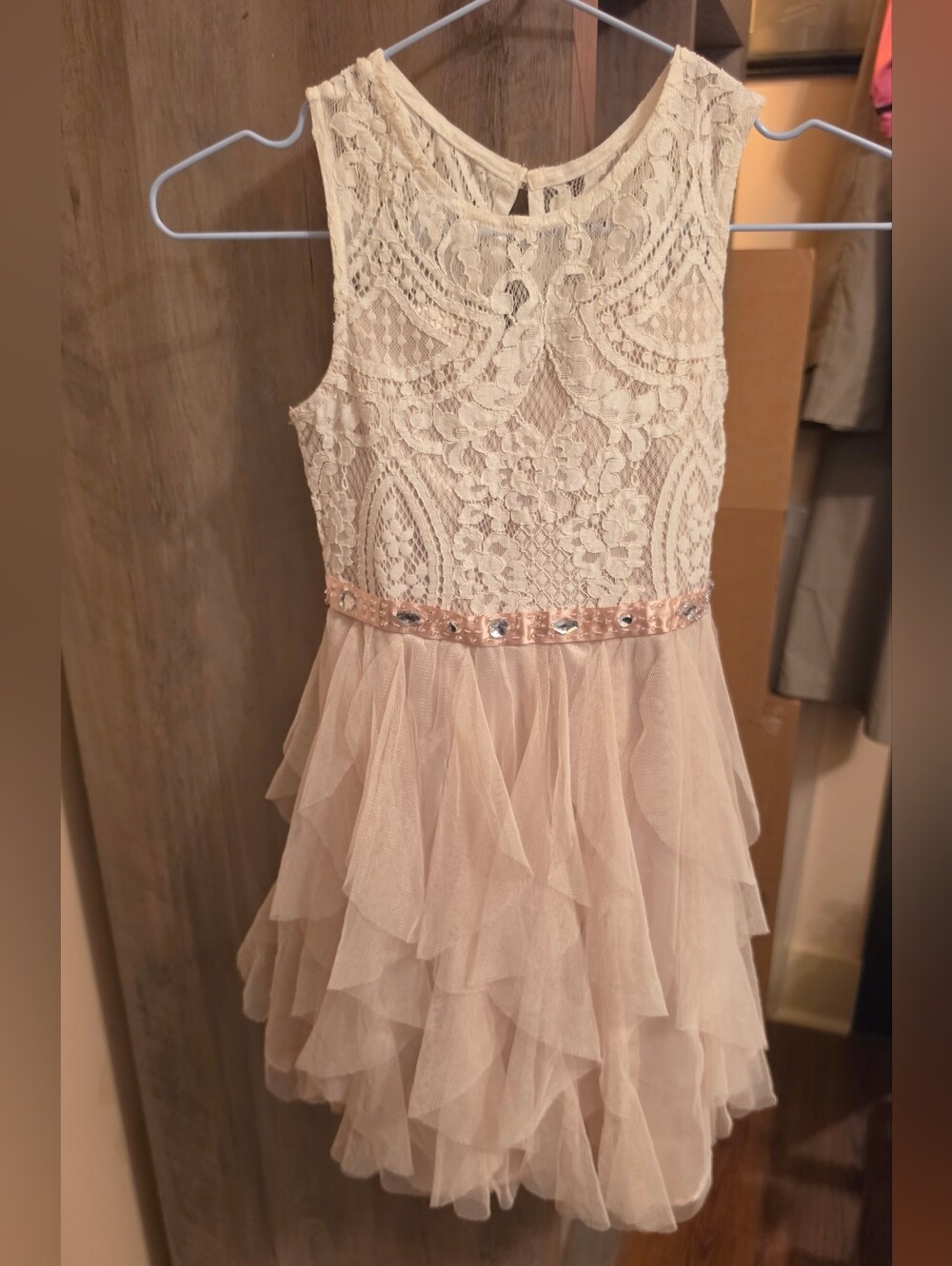 Rare Editions Ivory Lace & Blush Ruffle Party Dress